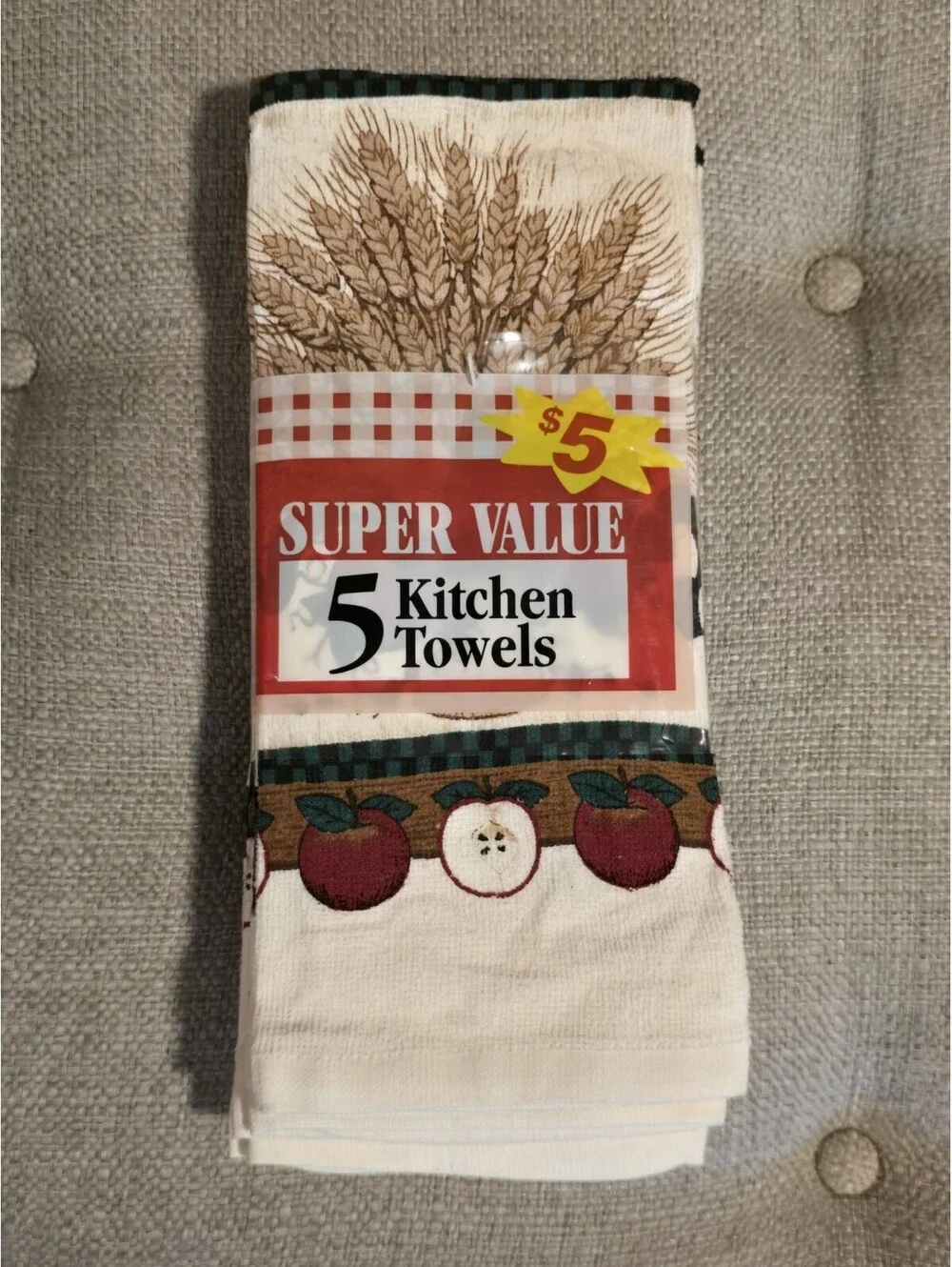 Vintage NOS 90s Wheat and Apple Kitchen Towels set of 5 Country Kitchen Cottage